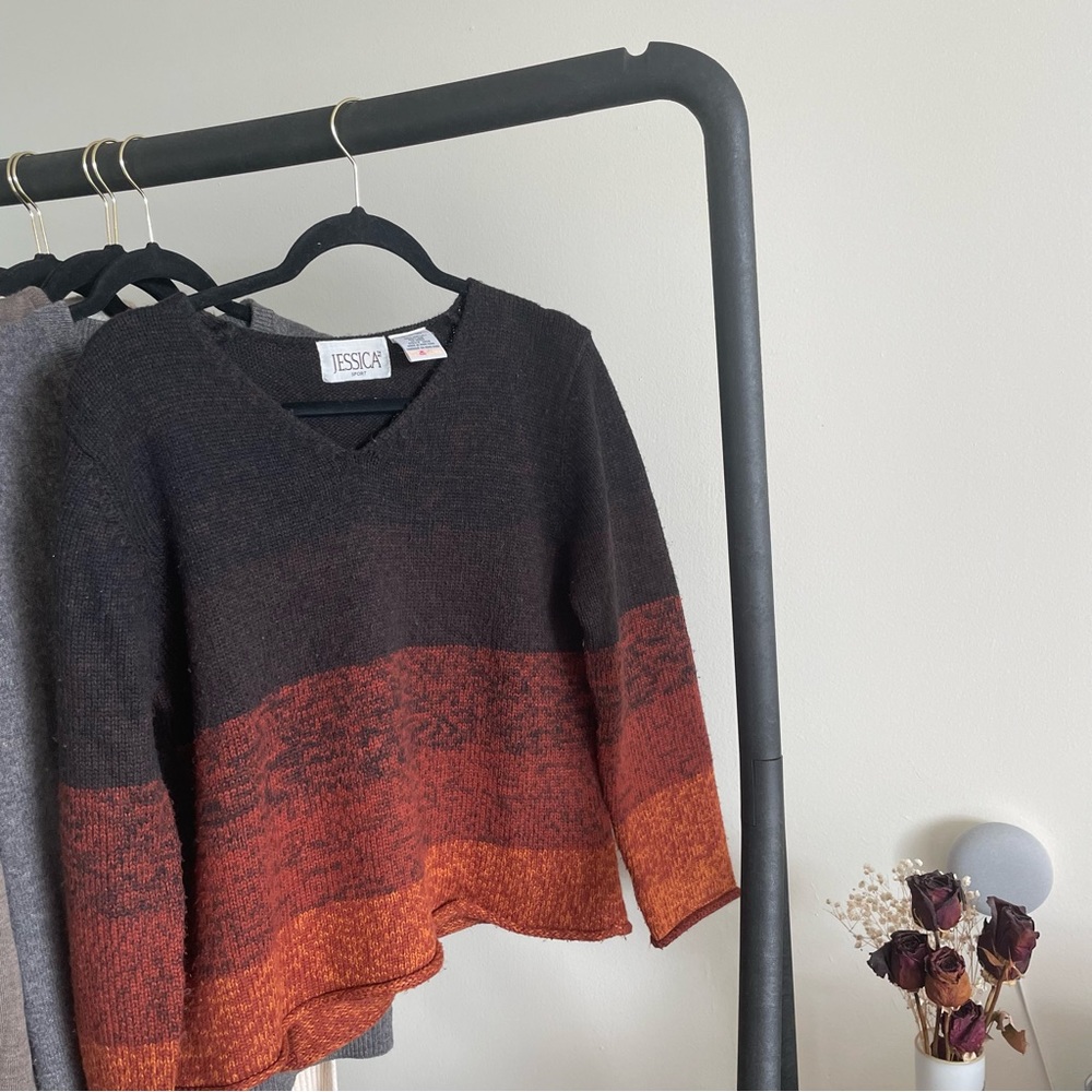 Vintage Ombré Burgundy Orange V-Neck Sweater